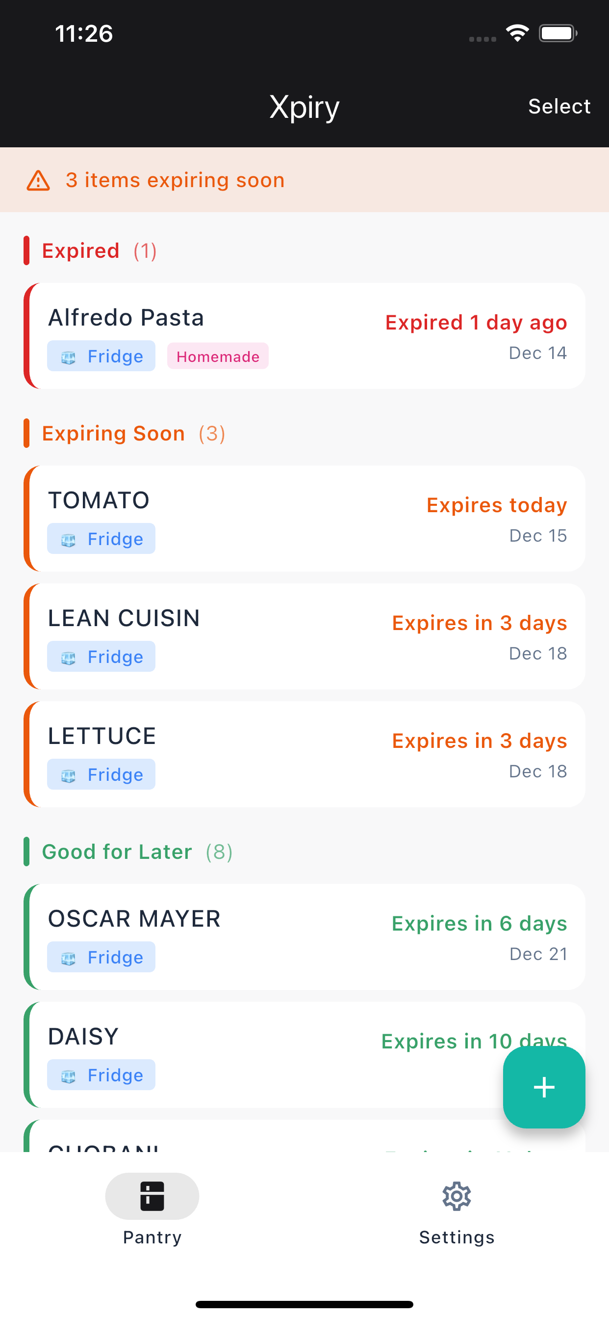 Xpiry app showing pantry with expiring items