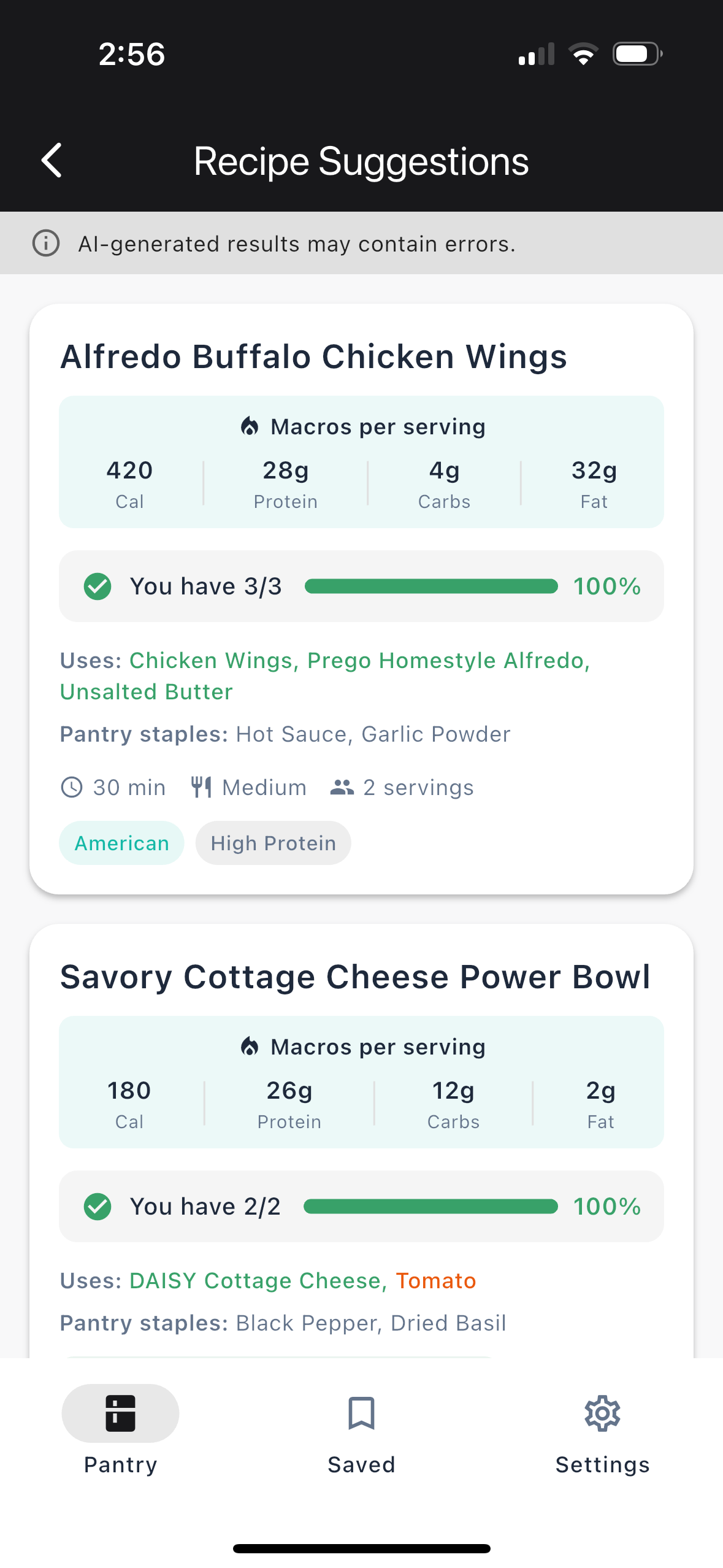 Xpiry app recipe discovery screen with AI-powered meal suggestions